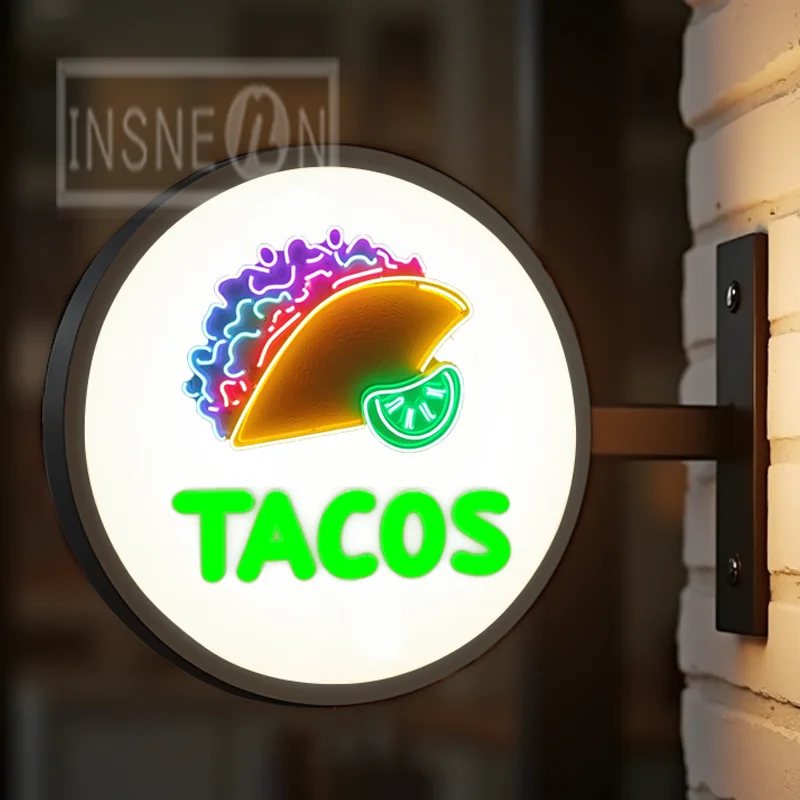 Custom Tacos Light Box for Storefront Round Acrylic LED Waterproof Double Sided Outdoor Business Signage Wall Mounted