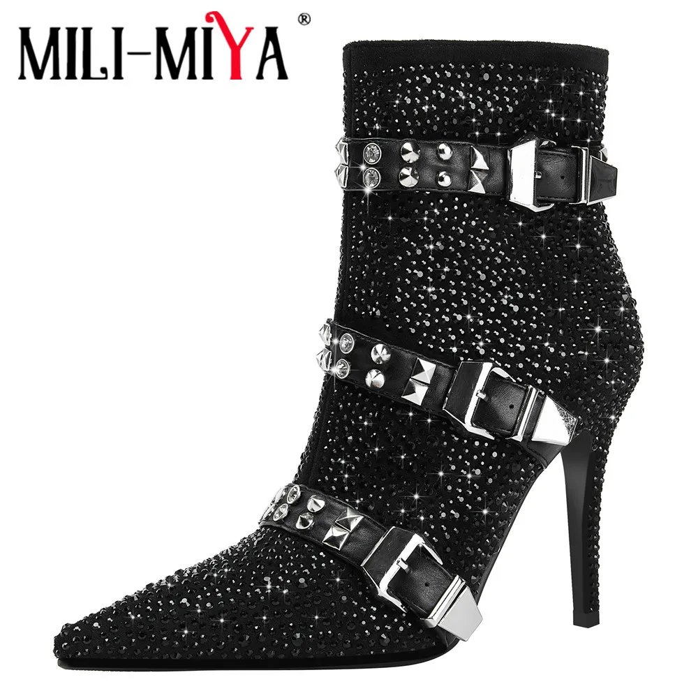 

MILI-MIYA New Arrival Crystal Women Microfiber Ankle Boots Rivet Pointed Toe Zippers Sexy Super High Thin Heels Plus Size 35-46