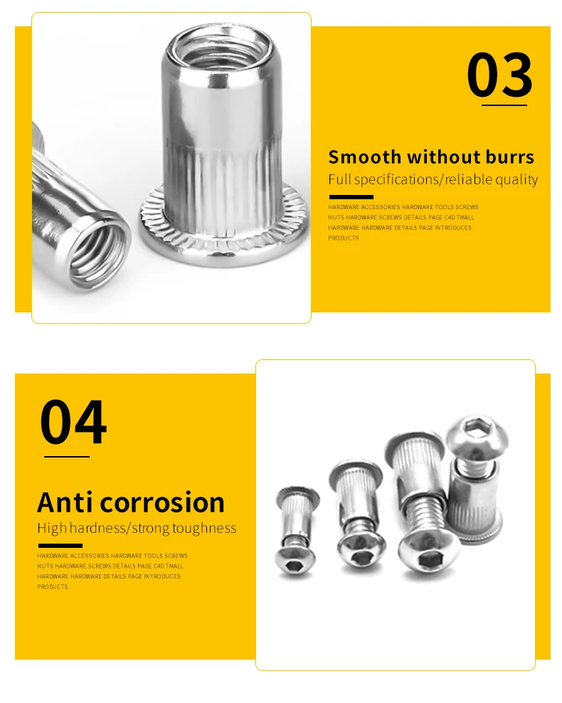 Pop-Nietmuttern-Set, Flachkopf-Nietmuttern mit Bolzen und Schrauben aus Edelstahl 304, Sortimentsset 8-32, 10-24, 1/4-20, 5/16-18 – Detail 7