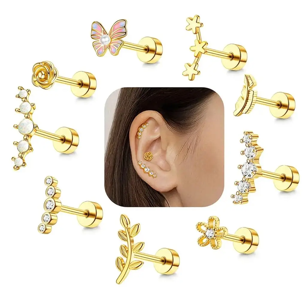 

Drperfect 9pcs Flat Back Cartilage Set Stainless Steel Helix Earrings for Women Opal 16G Earrings Butterfly Flat Back Cartilage