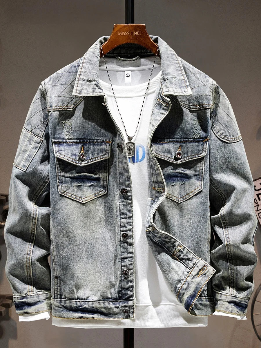 

Ретро джинсовая куртка мужская, новинка 2025 года, трендовая повседневная рабочая одежда, светлая, в американском стиле, плотная, из хлопка и полиэстера