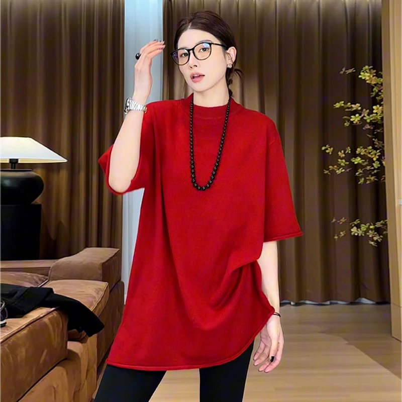 Pure Wool Short Sleeve T Shirt For Women Spring Autumn Loose Round Neck Slimming Medium Long Niche Design Base Top Women's t-shi