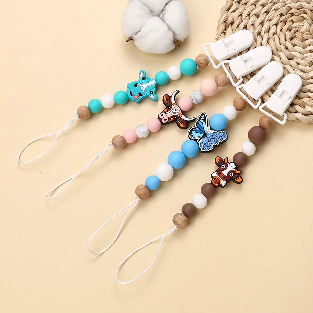 Fashion Baby Pacifier Clip Wooden Dummy Nipple Holder Clip Chain Silicone Bull Cute butterfly Animal Infant Teether Toy Bracelet