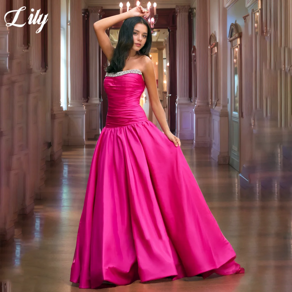 Lily Fuchsia Elegant Prom Dress Strapless Backless Party Dresses Shiny Beading A-Line Formal Gown for Woman 프롬 드레스 Customized