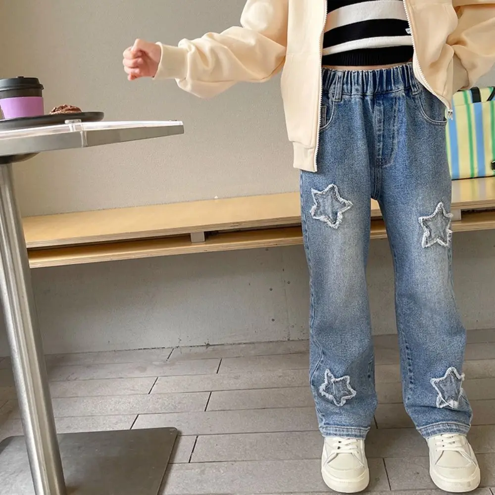 

Ins Embroidered Stars Teens Girl Jeans High Waist Loose Children Y2K Jeans Wide Leg Cowboy Pants Girls Denim Trousers Streetwear