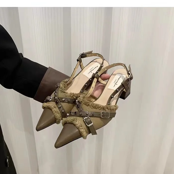 New in Sexy Fashion T-Strap Ladies Heels Shoes Female Slides Pointed Toe Mules Rivet Women Thin High Heels Shoes Footwear