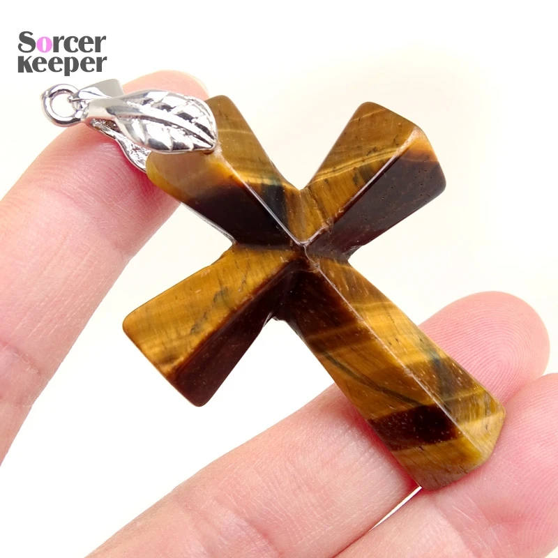 Cross Jewelry Natural Tiger Eye Necklace Pendants Gem Stone Slide Pendant Healing Reiki Men\'s Woman\'s Gift BO556