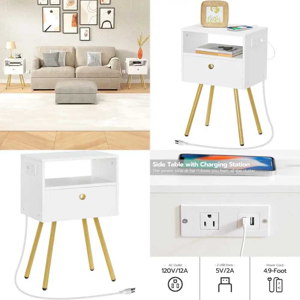 

Компактная прикроватная тумбочка с USB-портами и розеткой, идеально подходит для небольших помещений, офиса или спальни, белый и золотой цвета.