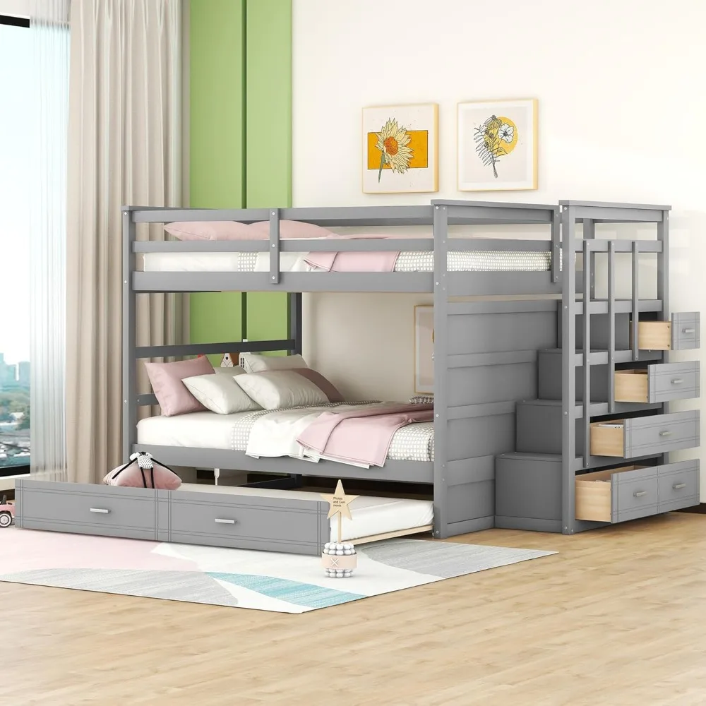 Bunk Bed,with Storage, Wooden Bunks Bed with Trundle and Staircase, Solid Wood Bunk Beds