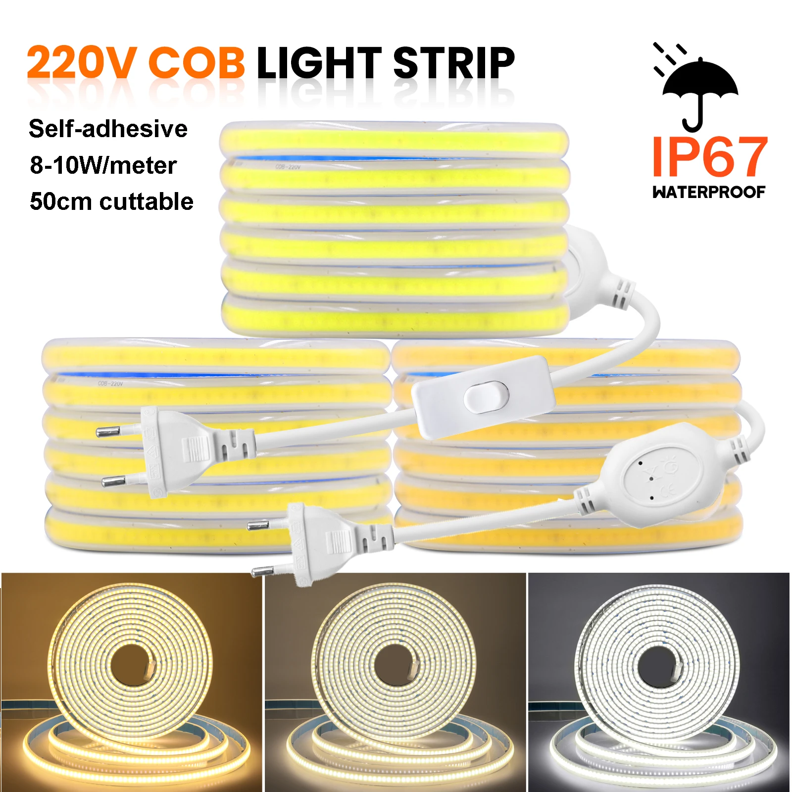 

220V COB LED Strip Light With Switch EU Plug 288LEDs/m Waterproof IP67 Self-adhesive Flexible Tape Ribbon Linear Lighting Lamp