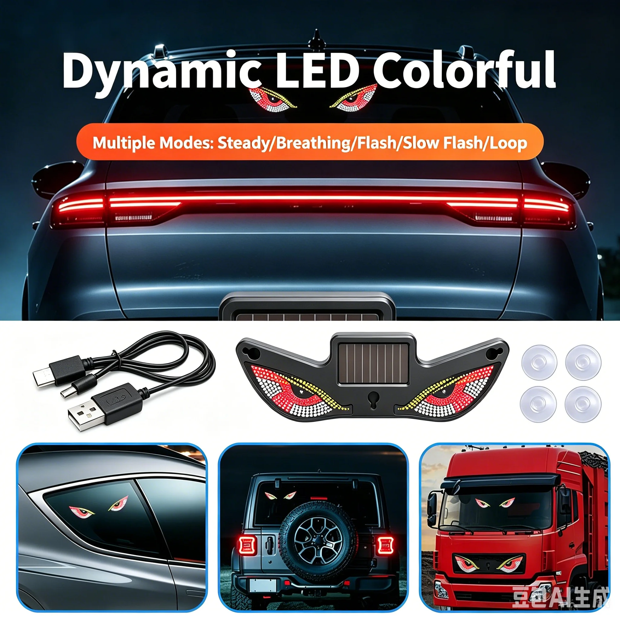 High-quality Solar Dynamic Demon's Eye LED Light, Solar Powered Car Anti-Rear-End LED Flashing Rear Window Light,Atmosphere Lamp