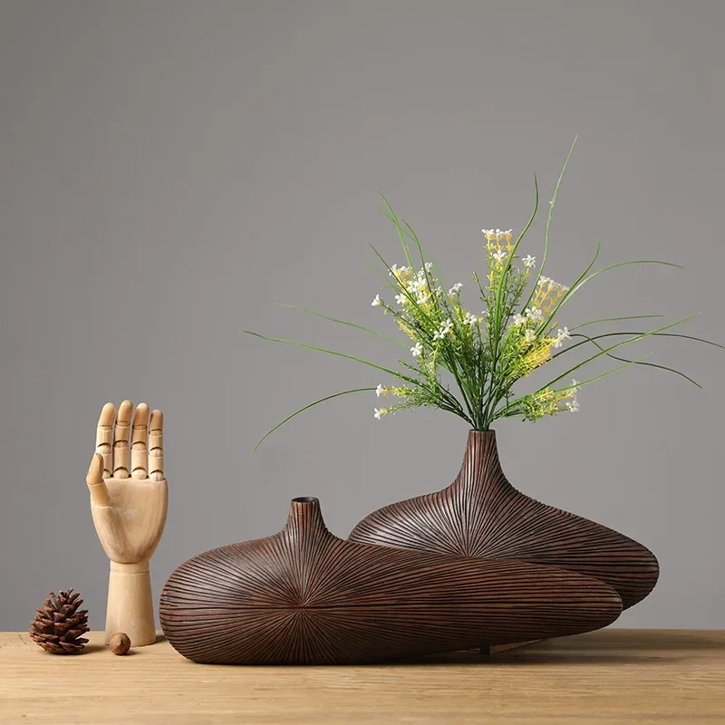 Imitation Wood Vase Singular Ellipse Flower Arrangement Tabletop Decor Resin Crafts Home Flower Vases Living Room Decoration