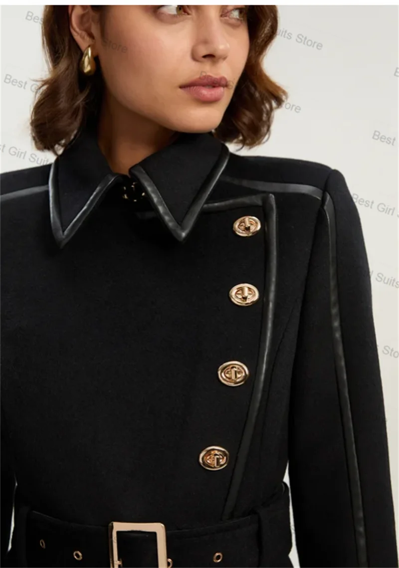 Black Cashmere Wool Women Suit 1 Pcs Long Blazer Prom Dress Winter Warm Overcoat Belted Formal Office Lady Jacket Customized