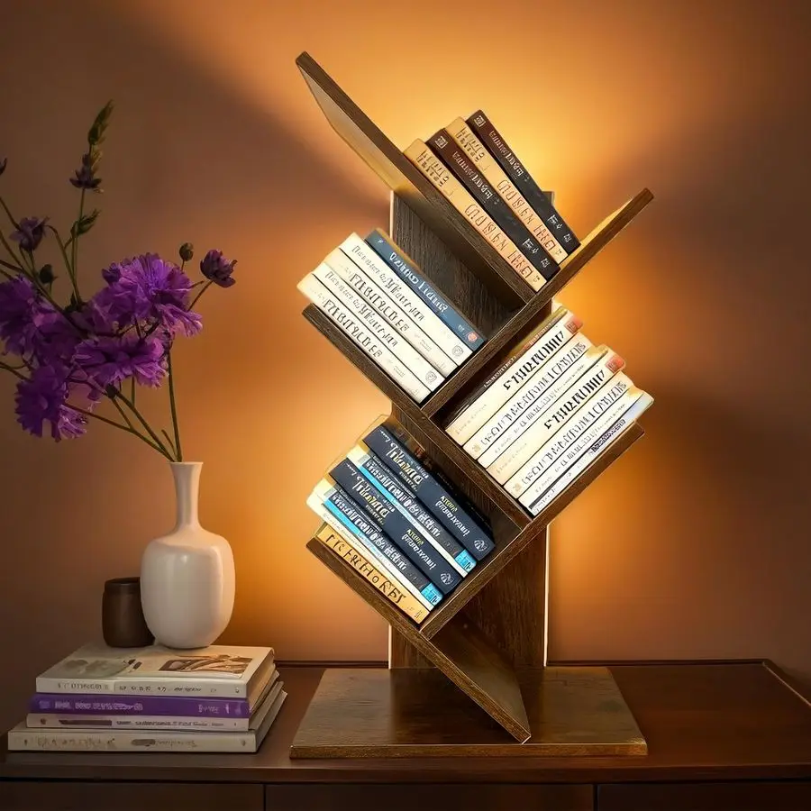 

Tree Bookshelf with Liting,Small Bookshelf LED and Desktop Book Shelf for Office, Home or School Mini Bookcase for Wood Displayi