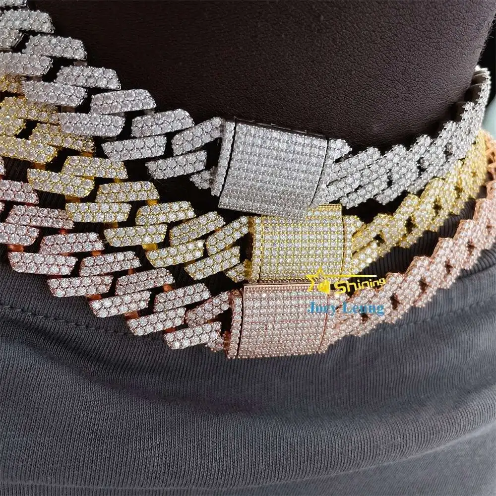 Fine Jewelry Hip Hop Gold Plated 925 Silver 2 Rows Vvs Moissanite Diamond Iced Out Miami Cuban Link Chain Necklace for Men