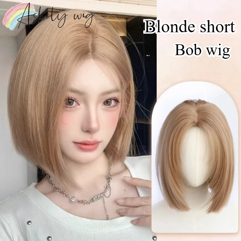 

Ashely Blonde Short Wig for Women 12inch Bob Wig Middle Part Lolita Short Straight Synthetic Wigs for Daily Use Headband Wigs