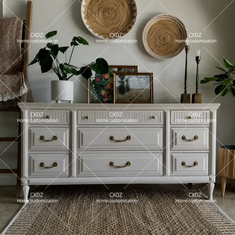French Retro Beige Solid Wood Bucket Cabinet Light Luxury TV Stand Living Room Bedroom Storage Side Table