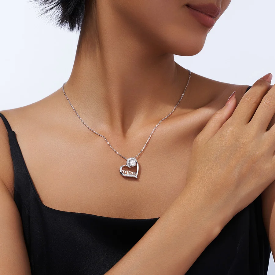 

JIUZUAN Heart Shape Mom Pendant Necklace Moissanite 925 Silver 18K Gold Plated Pavé Design Jewelry for Women Mother's Day Gift