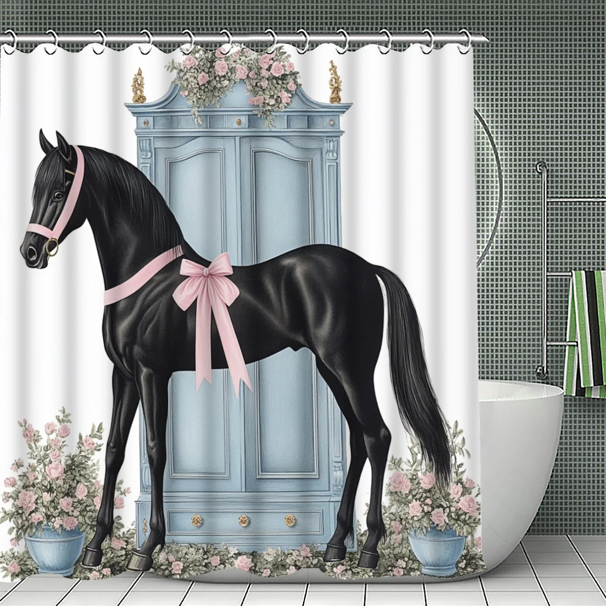 ヴィンテージ黒馬花柄シャワーカーテン浴室装飾ゴシックアート防水高級ホームカーテン-180x180cm