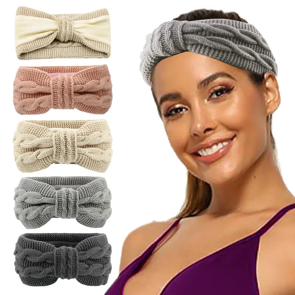 Autumn Winter Thicken Knitting Woolen Wide Headband for Women Plush Lined Headwrap Turban Hairbands Keep Warm Female Ear Warmers