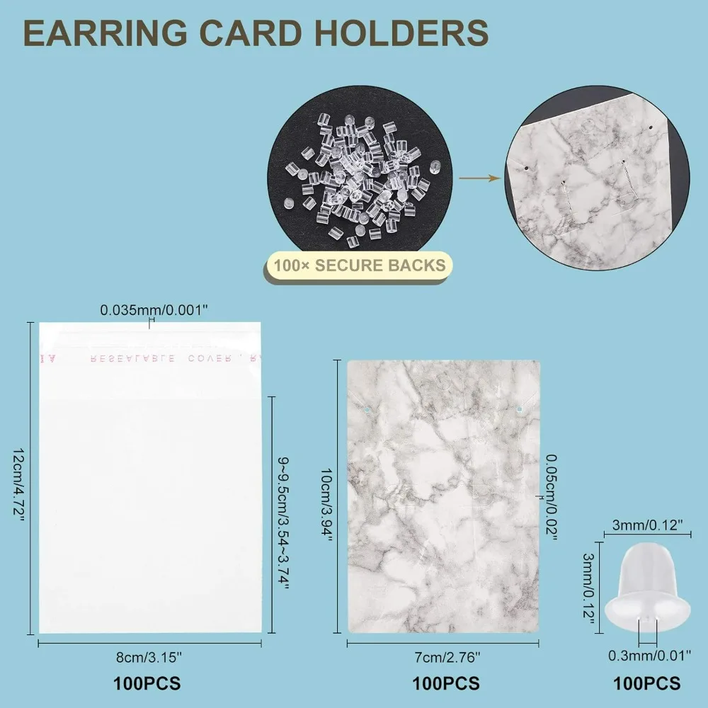 Earring Cards Set 100pcs 3.9 x 2.7 Inch Rectangle Paper Earring Display Cards 100pcs Self-Seal Bags 100pcs Plastic Ear Nuts Card