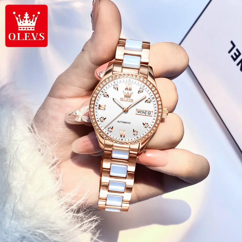 OLEVS 6637 Luxury Women Automatic Mechanical Watch Fashion Calendar Waterproof Clock Elegant Brand Bracelet Dress Women's Set