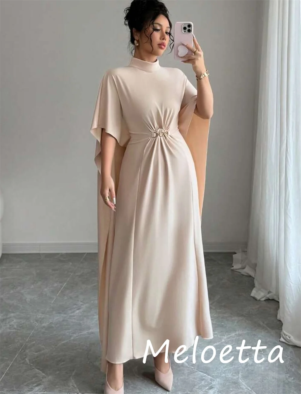 Customized Modern Style Jersey Sequined Pleat A-line High Collar Midi Dresses Bespoke Occasion Elegant