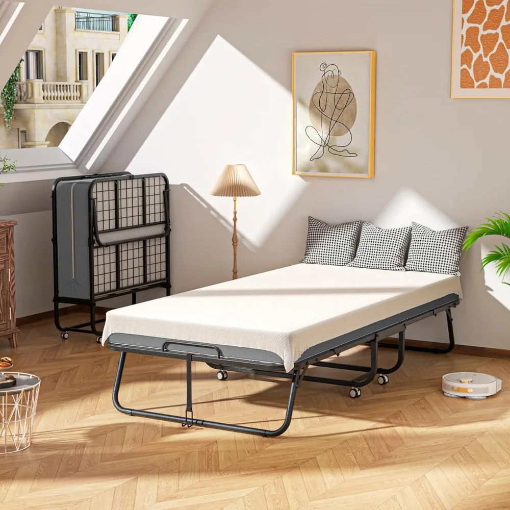Lit pliant avec matelas, lits jumeaux pliables, lits roulants pour adultes, 75" x 38" portable