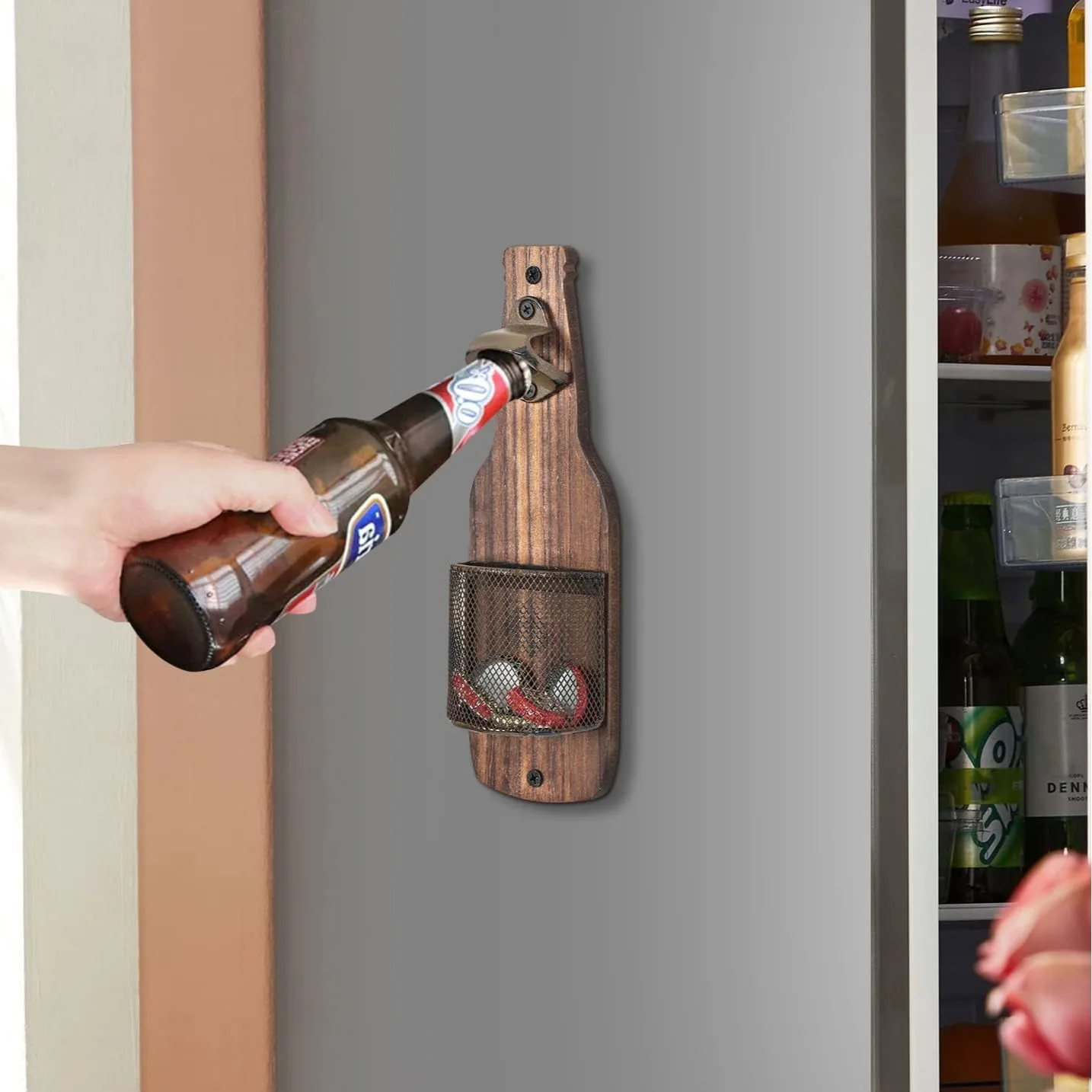Abridor de garrafas de parede, chave de rosca criativa para cerveja, decoração de bar de cozinha, abridor de garrafas de parede, cesto de armazenamento de tampas de garrafa