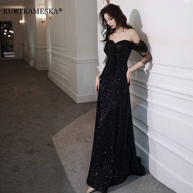 Black Off Shoulder Evening Prom Dresses for Women 2024 Sexy Elegant Long Sequins Three Quarter Bridesmaid Wedding Party Dress