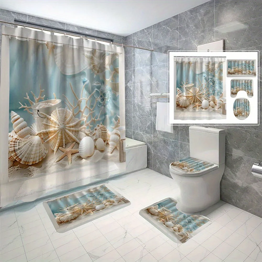 

Набор из 4 предметов, цифровая печать, украшение для ванной комнаты, занавеска для душа, нескользящий коврик, U-образный коврик, коврик для унитаза, полиэфирная ткань