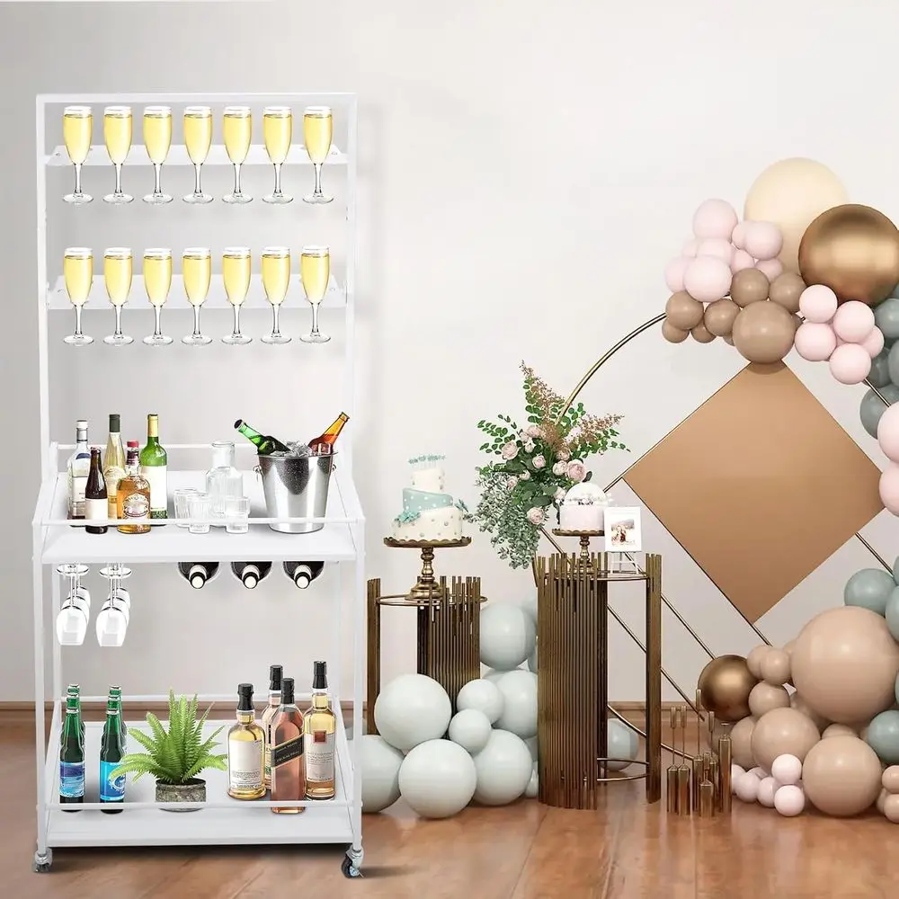 Wózek na wino z 2-poziomowymi kółkami obrotowymi, mieści 28 kieliszków, stojak do przechowywania, idealny na przyjęcia i imprezy