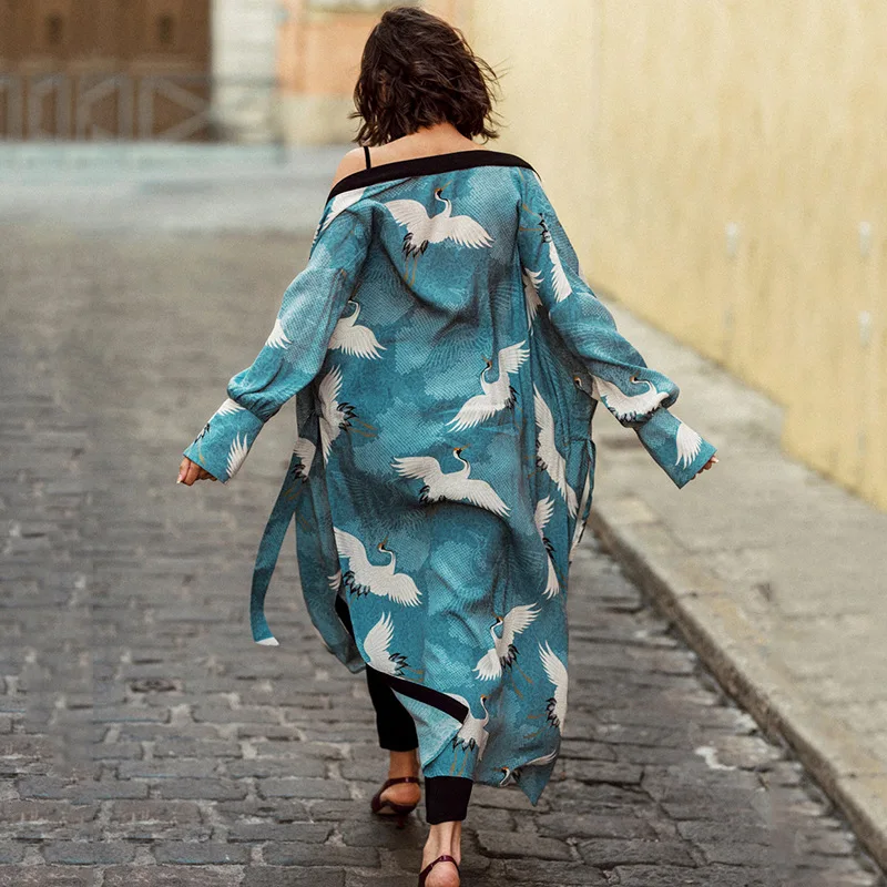 FORERUN-Kimono largo bohemio estampado para Mujer, Pareo holgado, traje de baño para playa, cárdigan para Mujer 2022