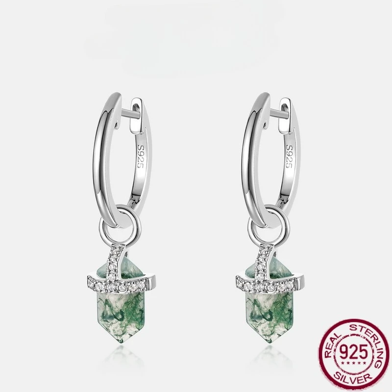

New S925 Pure Silver Hexagonal Column Natural Green Moss Stone with Water Grass Agate Light Luxury Wedding Jewelry