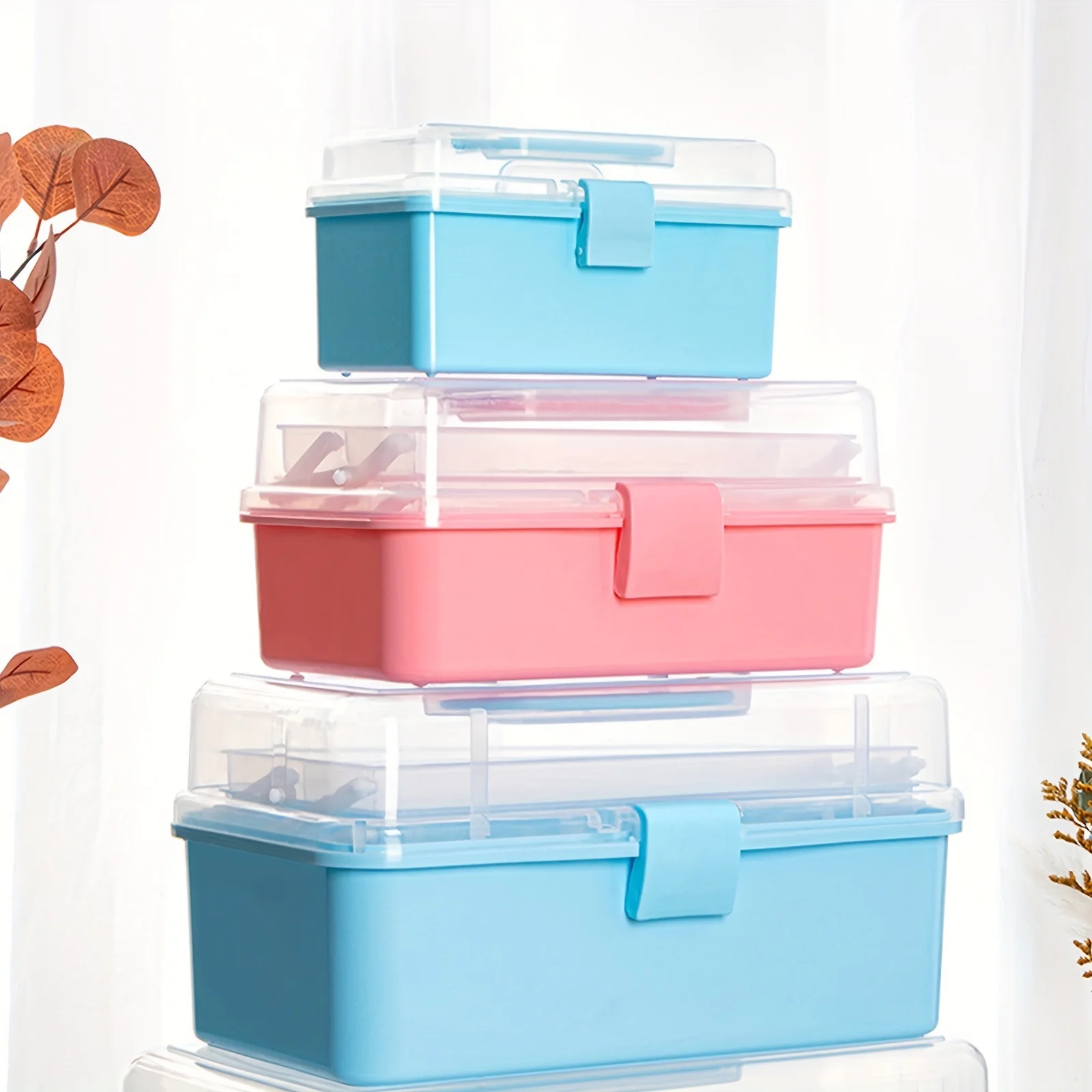 11\'\' Clear Plastic Craft Storage Box, Sewing Box Organizer 3-Layers with Removable Tray, Art Storage Box with Handle