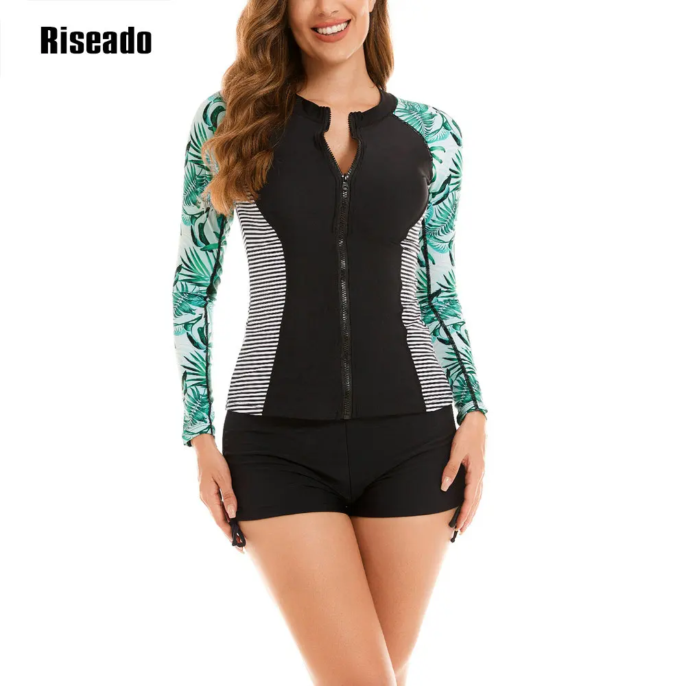 Riseado Rash Guard Top da donna con cerniera manica lunga due pezzi costumi da bagno UPF 50+ protezione UV costume da bagno