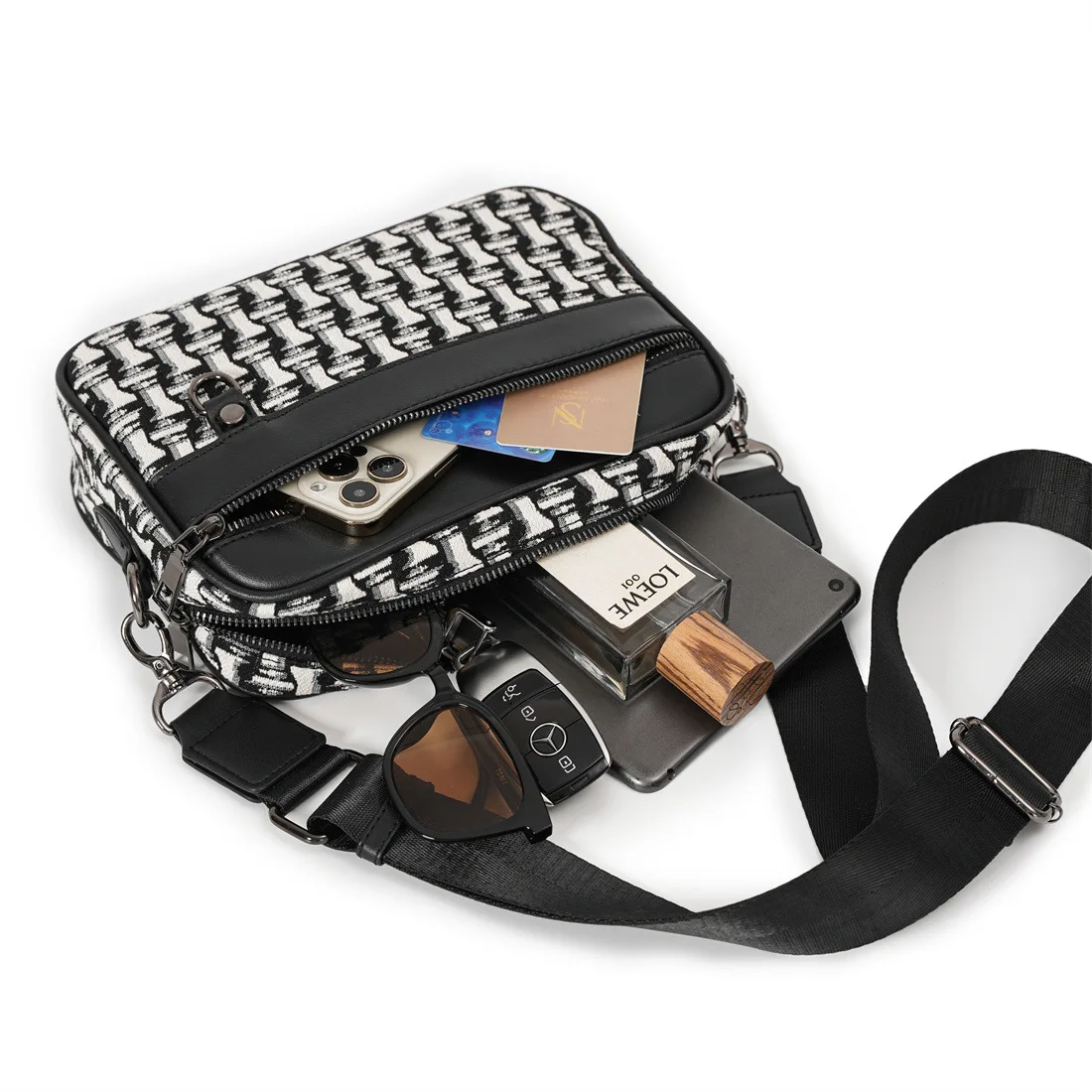 Luxuriöse Umhängetasche im Designer-Stil, Herren-Schultertasche aus Canvas mit Patchwork-Details und PU-Leder, Herren-Schulter-Messenger-Tasche, Handtasche, rechteckige Geldbörse. – Detail 20