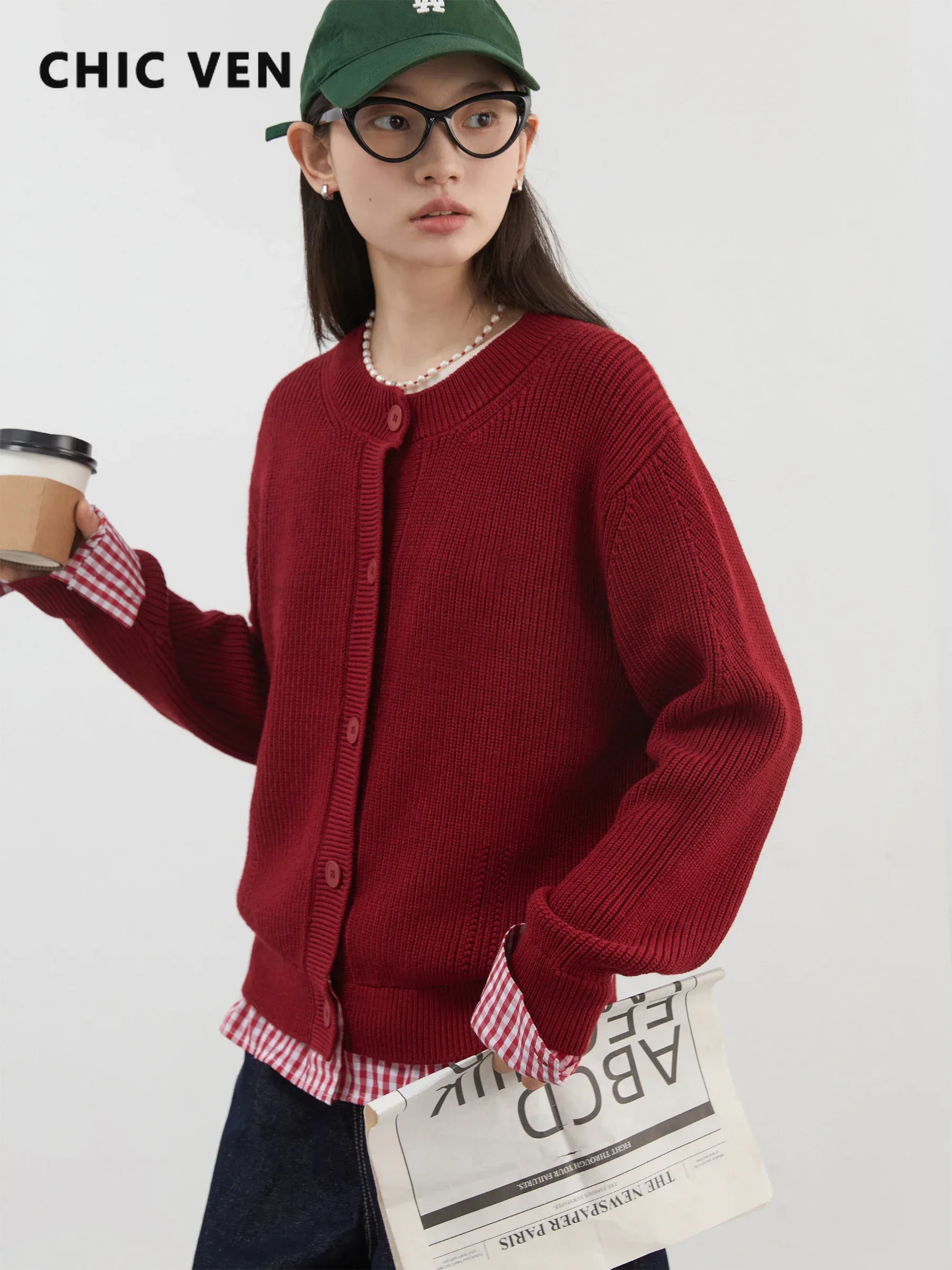 CHIC VEN Women Knitted Cardigan Loose Casual New Sweater Jacket Contrasting Color Female Splicing Jumpers Autumn Winter 2024