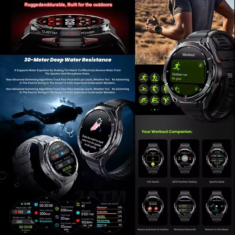 2025New Outdoor GPS Bluetooth Call Smart Watch Men 1.43-inch AMOLED HD Screen 10ATM Waterproof Compass Fitness Sports Smartwatch