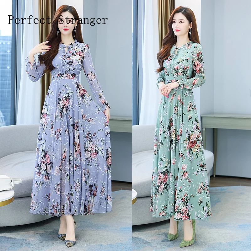 Vrouwen Lente Herfst Casual Dress Sukienka W Kwiaty Lange Bloem Mouwen Print Boho Robe Femme M-4XL Rode Chiffon Vestidos