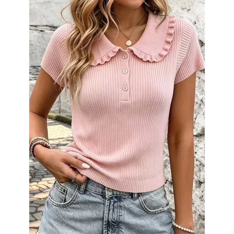 

Top Round Neck Stylish Small Shirt Women's Fashion Trend Summer Korean Retro Hollow Out Short Sleeved-shirt