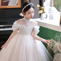 Baby Girls' Birthday Party Princess white Beaded sequins Off Shoulder Flower Girls Wedding Prom Tulle Children's Dress