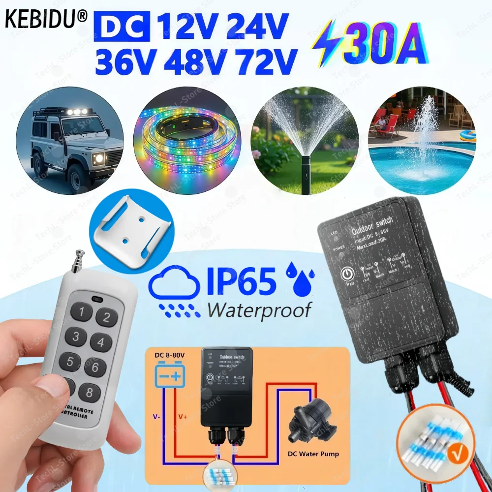 

433Mhz Universal Wireless Remote Control Switch DC 8-80V 30A Waterproof RF Relay 1000m Transmitter DIY for Pump Light Fan ON/Off