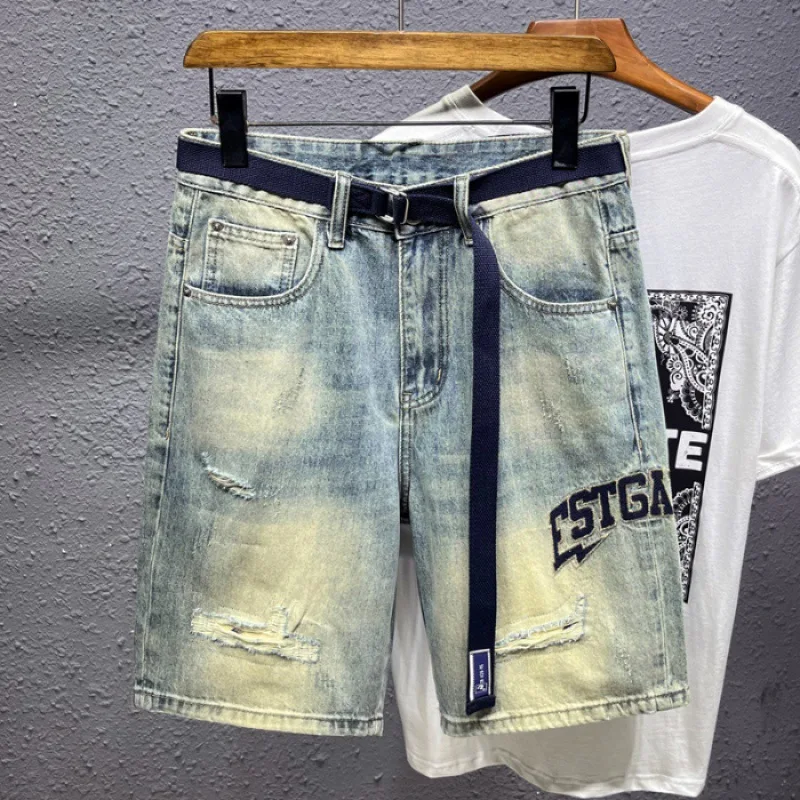 2024 Zomer Nieuwe Nostalgische Lichtblauwe Middenbroek Denim Shorts Heren Trendy Casual Stretch Mode Vijfde Broek