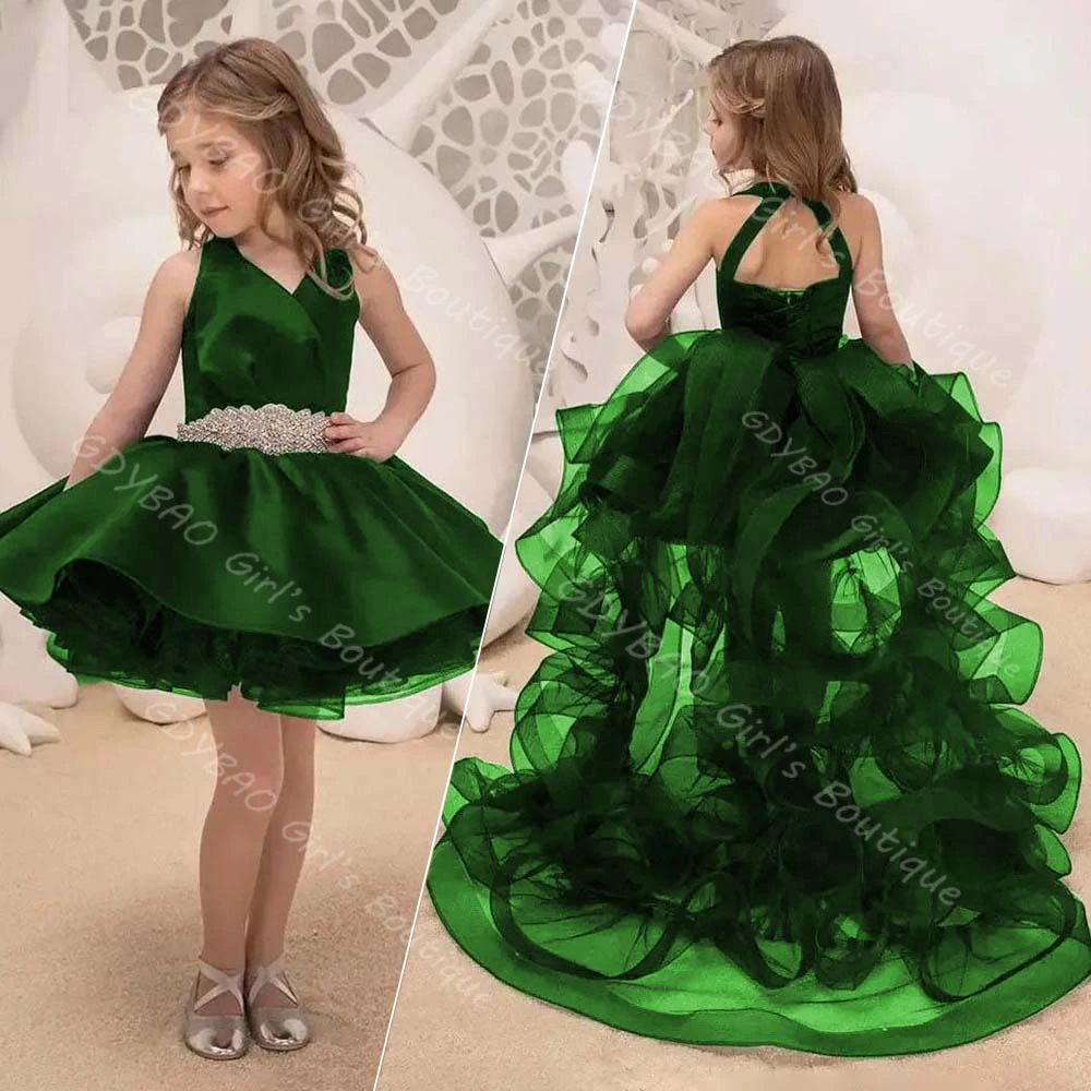 

Emerald Green Flower Girl Dress Beaded Tulle Kids Princess Pageant Dress With Detachable Train Wedding Party Ball Gown Custom