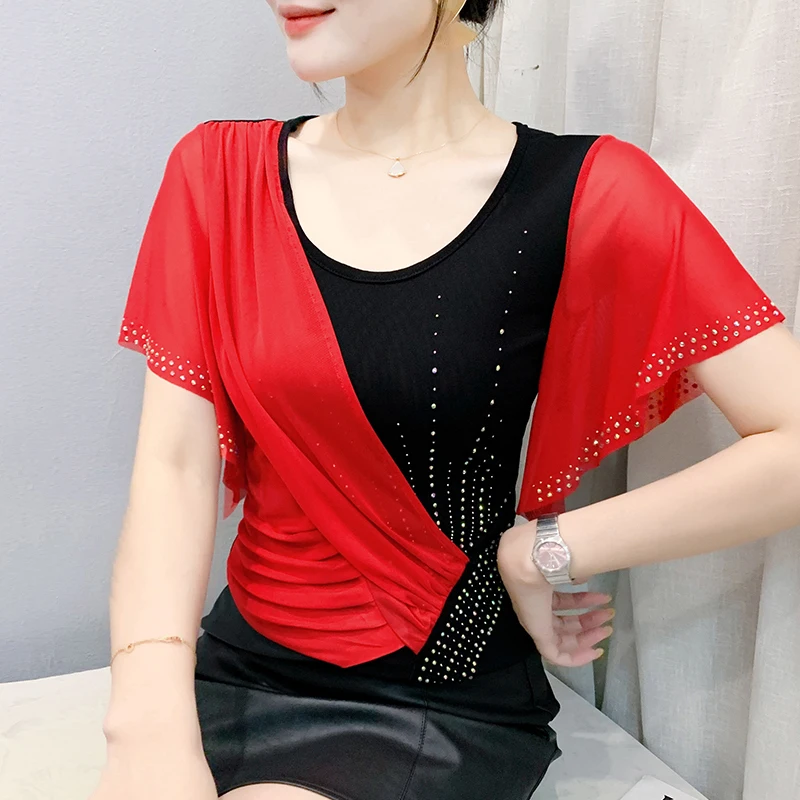 

2025 Summer Clothes Round Neck Diamond T Shirt Korean Fashion Black Shirt Contrast Color Women Tops
