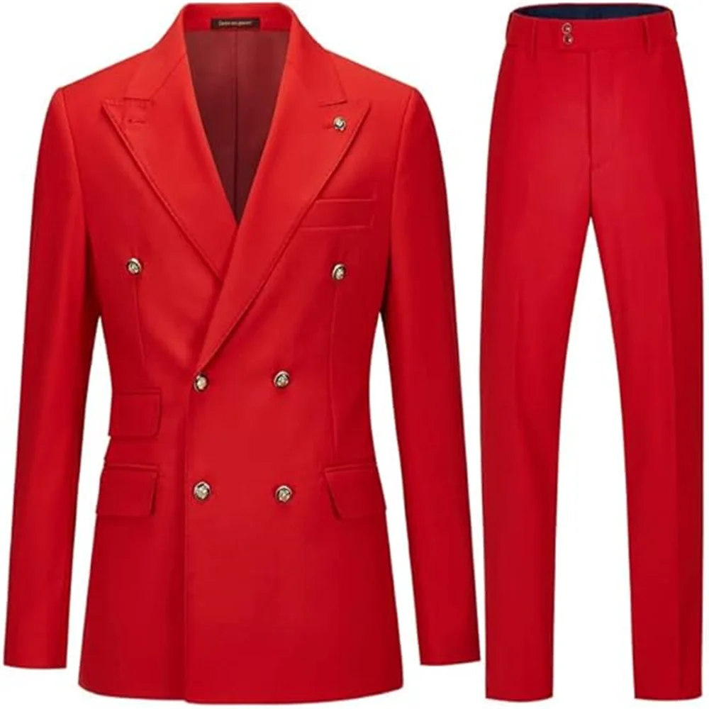 

2025 Formal Business 2 Pieces Mens Suit Red Tuxedos Double-breasted Metal Jacket for Wedding Groom(Blazer+Pants)