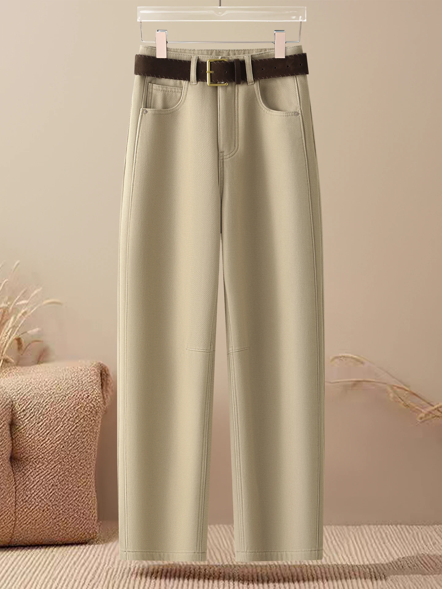 

Брюки прямого кроя цвета хаки на флисовой подкладке, женские повседневные брюки с высокой талией, универсальные широкие брюки, осенне-зимняя новинка