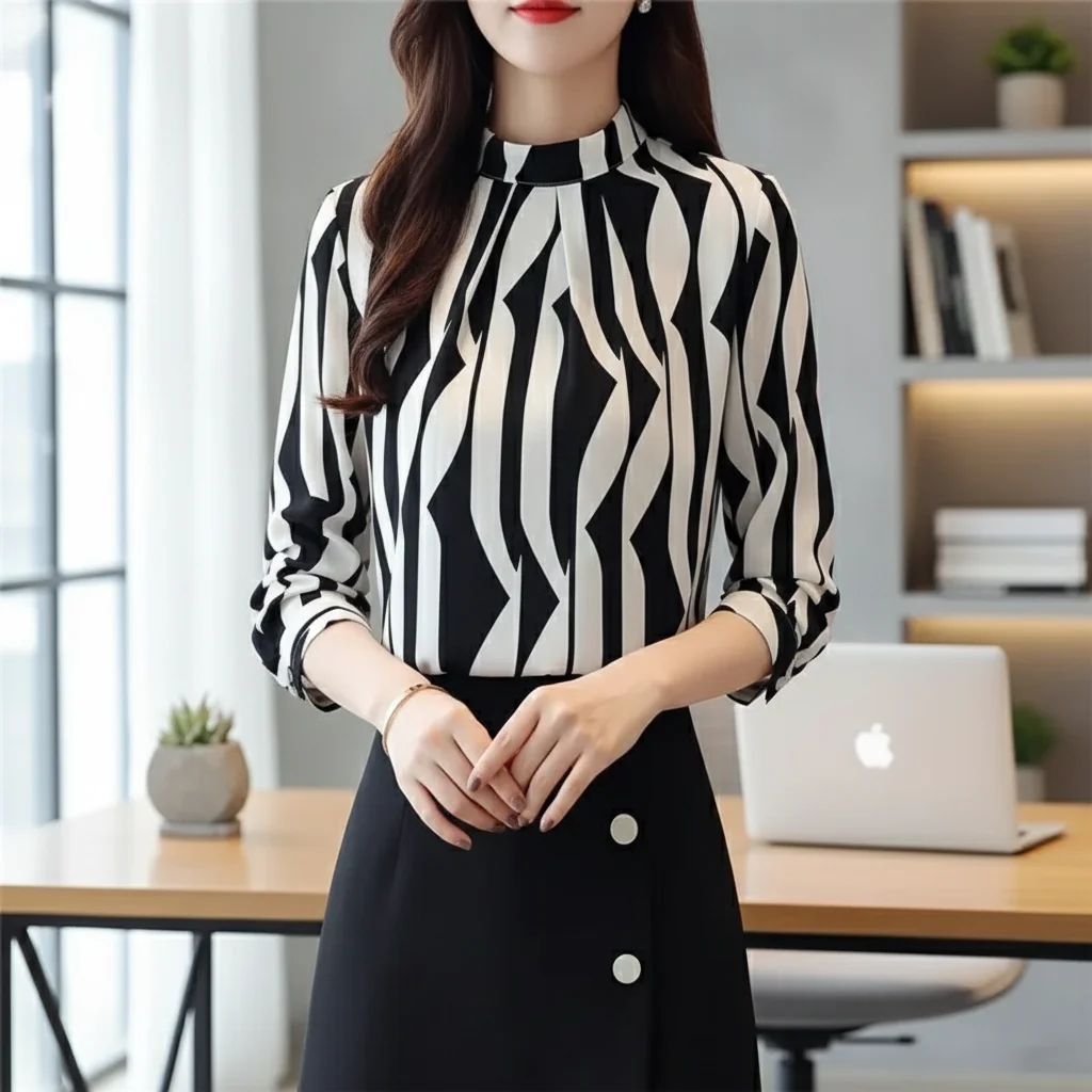 

Женские полосатые шифоновые рубашки, осенняя элегантная блузка с длинным рукавом и воротником-стойкой, размер S-XXL
