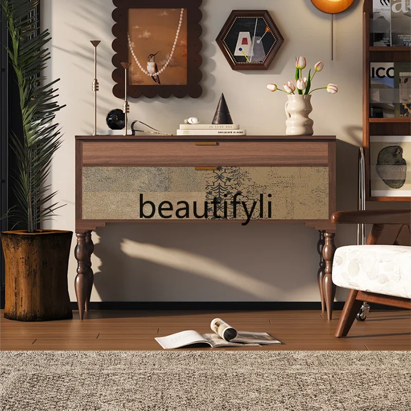 

American retro high-footed vertical cabinet, wall-decorated rectangular table, light luxury solid wood aisle storage cabinet0420